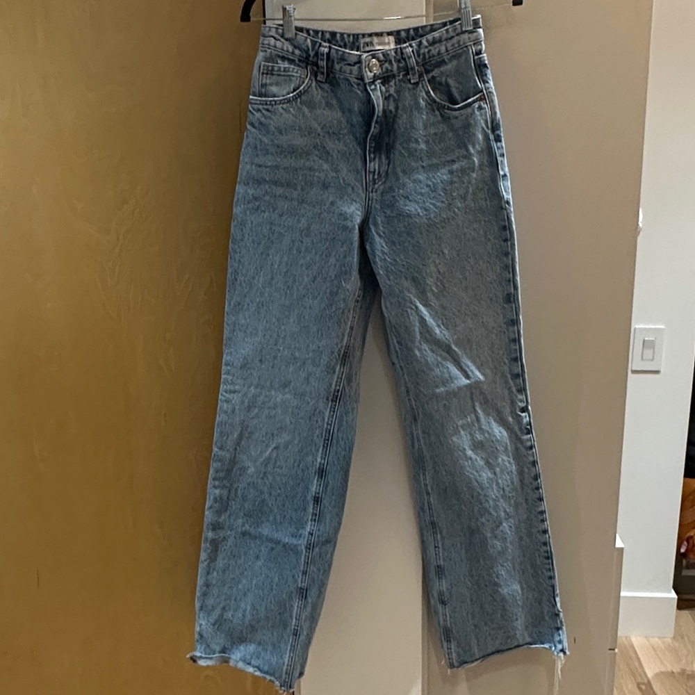 Zara high waisted wide leg jeans with raw hem